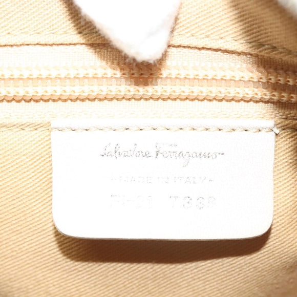 Salvatore Ferragamo Gancini Handtas Leer Ivoor Zilver Auth 132891