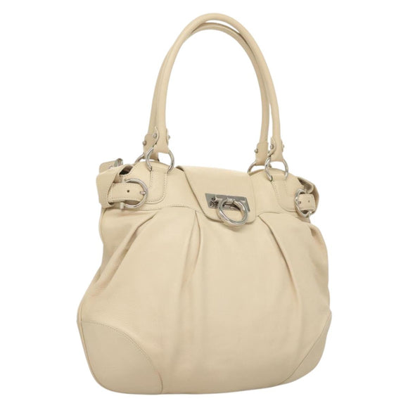 Salvatore Ferragamo Gancini Handtas Leer Ivoor Zilver Auth 132891