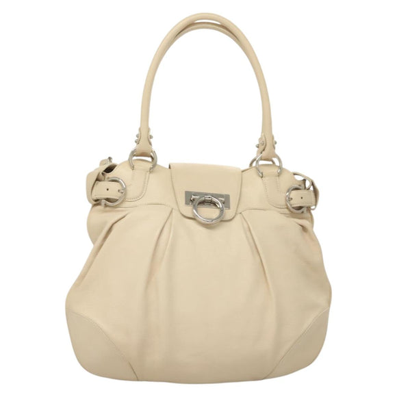 Salvatore Ferragamo Gancini Handtas Leer Ivoor Zilver Auth 132891