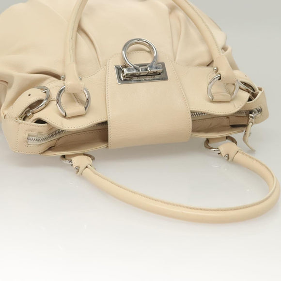 Salvatore Ferragamo Gancini Handtas Leer Ivoor Zilver Auth 132891