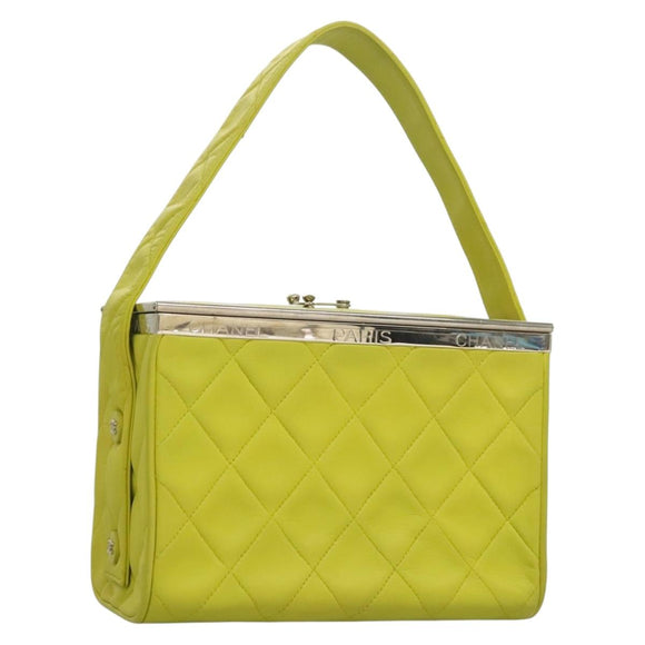 CHANEL Matelasse Hand Bag Lamb Skin Silver Yellow Green CC Auth 132923V
