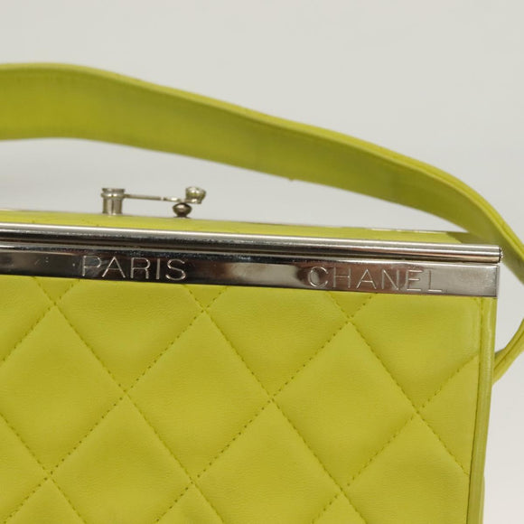 CHANEL Matelasse Hand Bag Lamb Skin Silver Yellow Green CC Auth 132923V