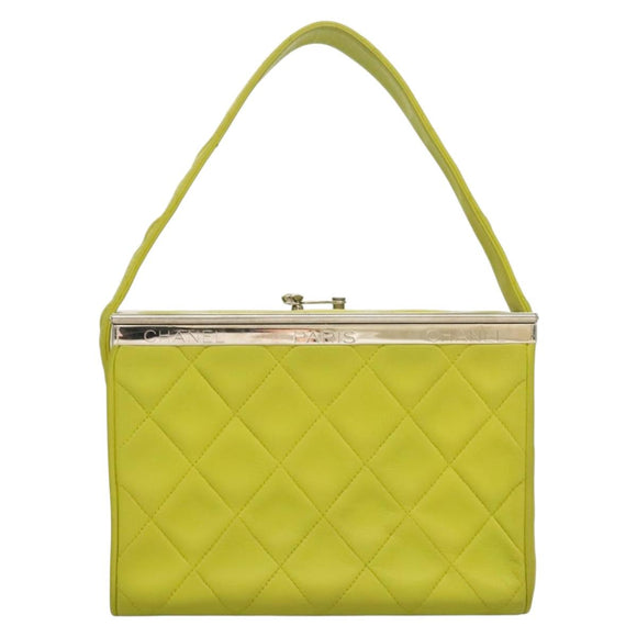 CHANEL Matelasse Hand Bag Lamb Skin Silver Yellow Green CC Auth 132923V