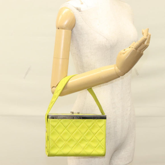 CHANEL Matelasse Hand Bag Lamb Skin Silver Yellow Green CC Auth 132923V