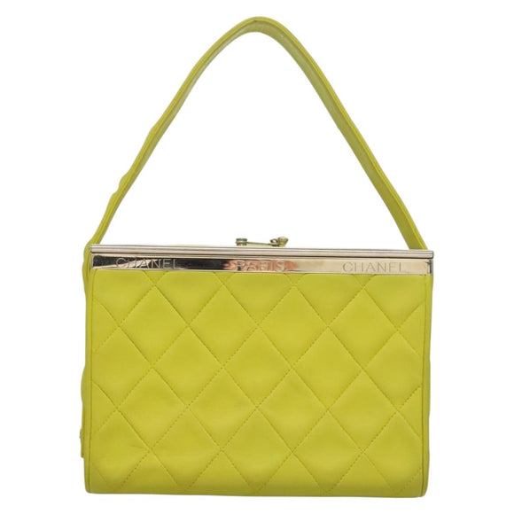 CHANEL Matelasse Hand Bag Lamb Skin Silver Yellow Green CC Auth 132923V