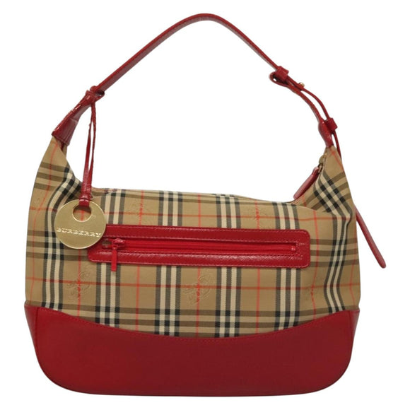 BURBERRY Nova Check Shoulder Bag Canvas Leather Beige Red gold Auth 132941