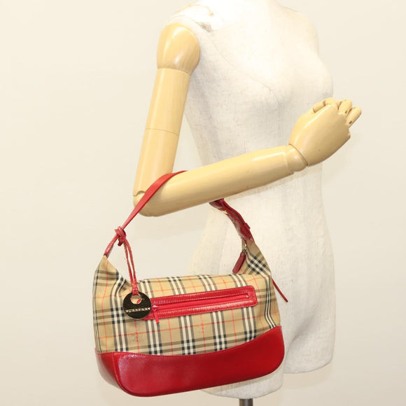 BURBERRY Nova Check Shoulder Bag Canvas Leather Beige Red gold Auth 132941