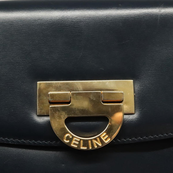CELINE Shoulder Bag Leather Navy Gold Auth 132947