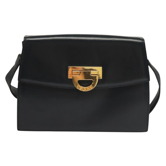 CELINE Shoulder Bag Leather Navy Gold Auth 132947