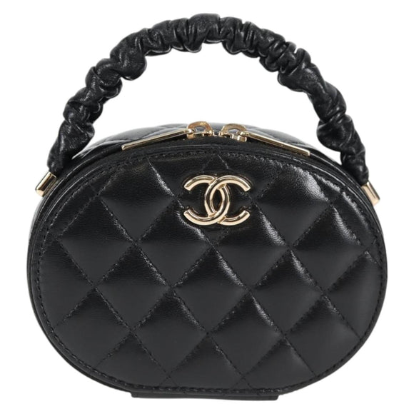 CHANEL Matelasse Pouch Lamb Skin Black Gold CC Auth 132970M