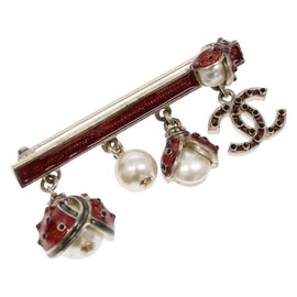 CHANEL Icon Ladybug Brooch Metal Gold Red CC Auth 132988V