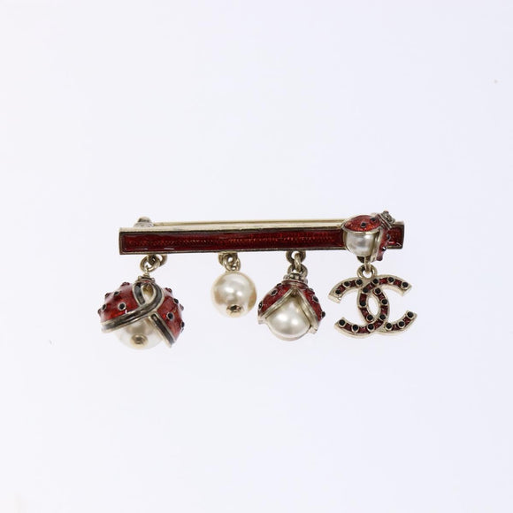 CHANEL Icon Ladybug Brooch Metal Gold Red CC Auth 132988V
