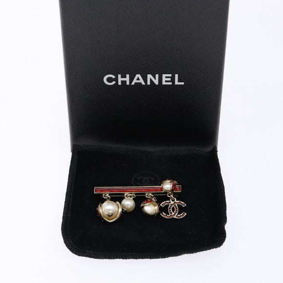 CHANEL Icon Ladybug Brooch Metal Gold Red CC Auth 132988V