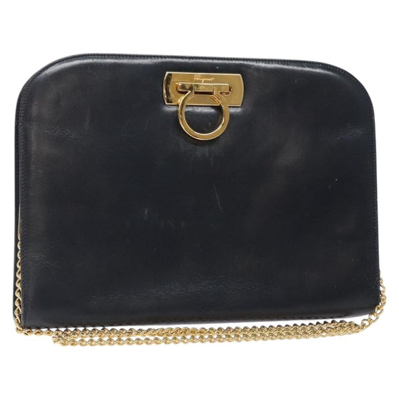 Salvatore Ferragamo Gancini Chain Shoulder Bag Leather Navy Gold Auth 133024