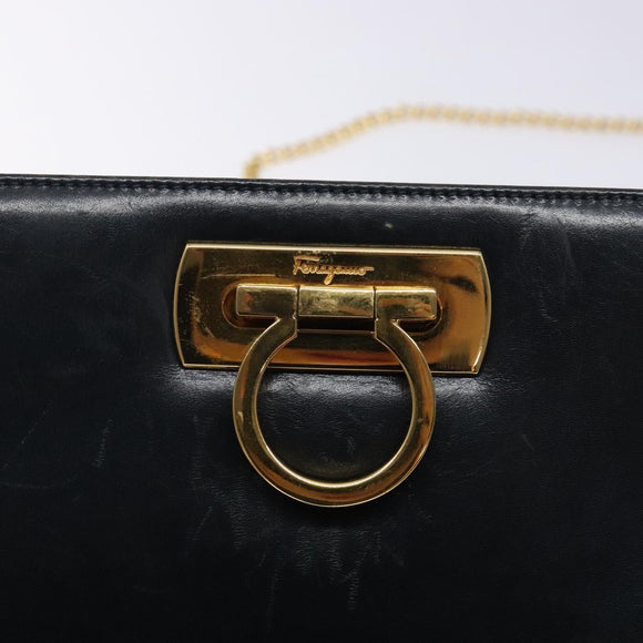 Salvatore Ferragamo Gancini Chain Shoulder Bag Leather Navy Gold Auth 133024