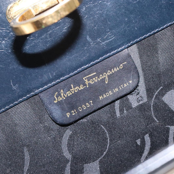 Salvatore Ferragamo Gancini Chain Shoulder Bag Leather Navy Gold Auth 133024