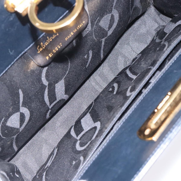 Salvatore Ferragamo Gancini Chain Shoulder Bag Leather Navy Gold Auth 133024