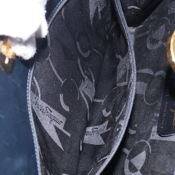 Salvatore Ferragamo Gancini Chain Shoulder Bag Leather Navy Gold Auth 133024