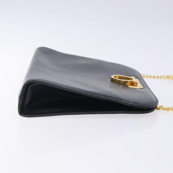Salvatore Ferragamo Gancini Chain Shoulder Bag Leather Navy Gold Auth 133024
