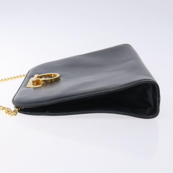 Salvatore Ferragamo Gancini Chain Shoulder Bag Leather Navy Gold Auth 133024