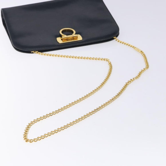 Salvatore Ferragamo Gancini Chain Shoulder Bag Leather Navy Gold Auth 133024