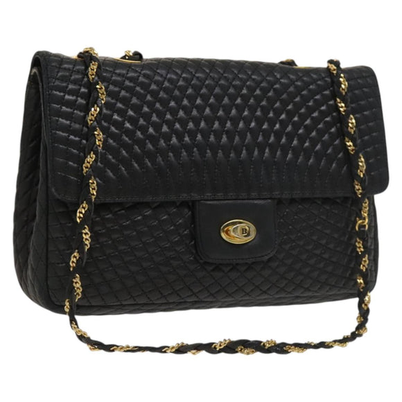 BALLY Chain Shoulder Bag Leather Black Gold Auth 133026