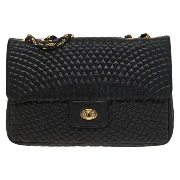 BALLY Chain Shoulder Bag Leather Black Gold Auth 133026