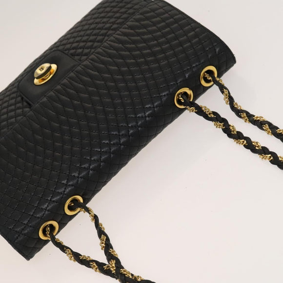 BALLY Chain Shoulder Bag Leather Black Gold Auth 133026