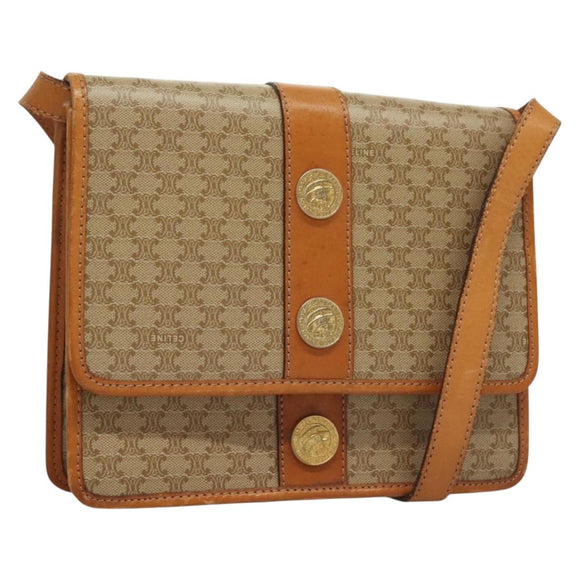 CELINE Macadam Canvas Shoulder Bag PVC Beige Gold Auth 133028