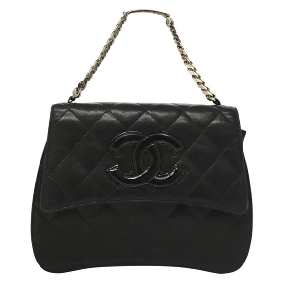 CHANEL Matelasse Chain Hand Bag Lamb Skin Black Silver CC Auth 133037