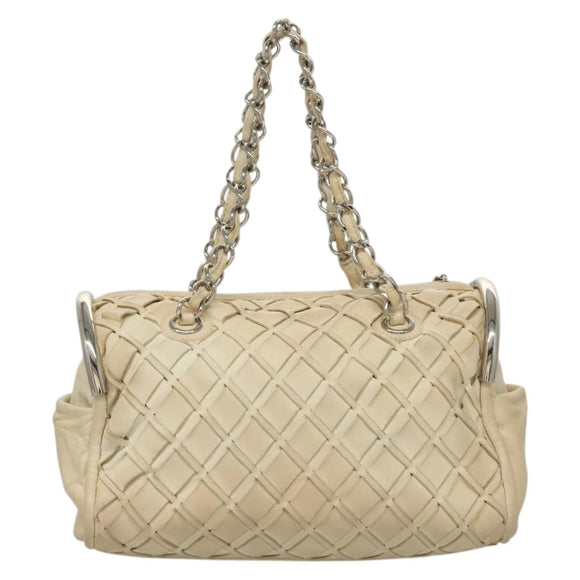 CHANEL Chain Hand Bag Leather White Silver CC Auth 133045