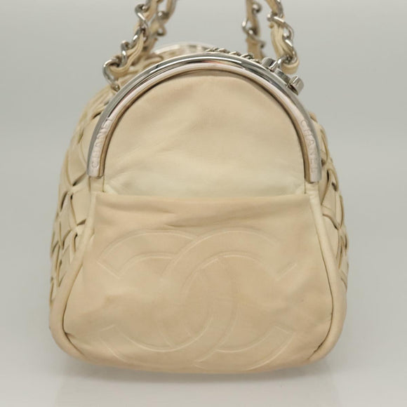 CHANEL Chain Hand Bag Leather White Silver CC Auth 133045