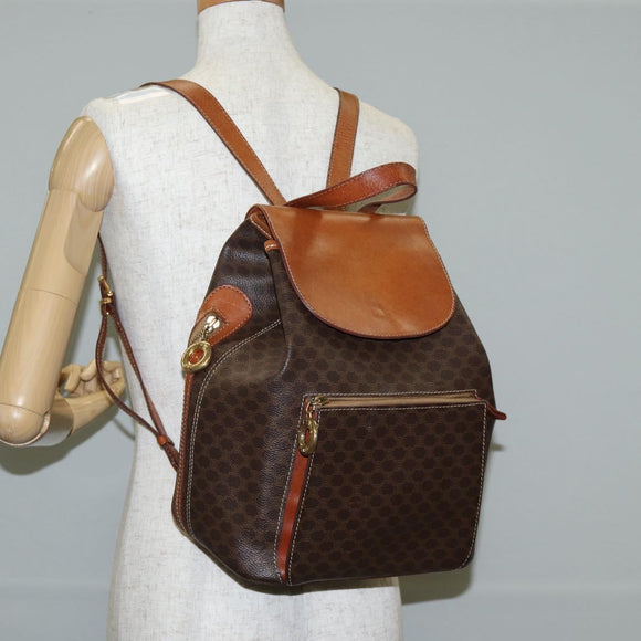 CELINE Macadam Canvas Backpack PVC Leather Brown Gold Auth 133049