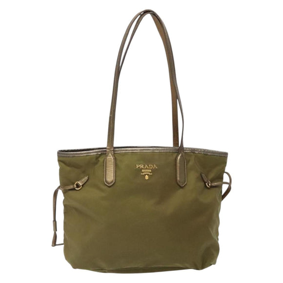 PRADA Tote Bag Nylon Khaki Gold Auth 133051