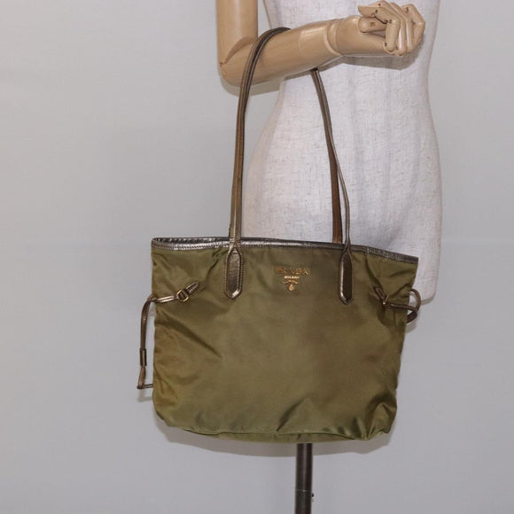 PRADA Tote Bag Nylon Khaki Gold Auth 133051