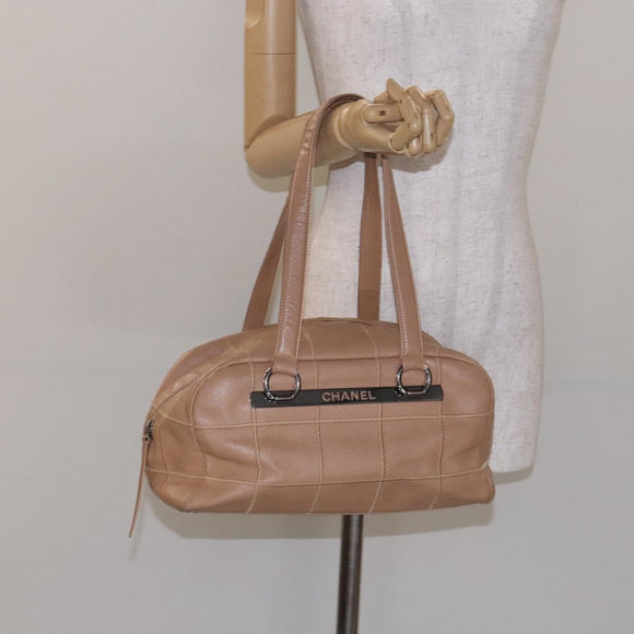 CHANEL Choco Bar Hand Bag Caviar Skin Beige Silver CC Auth 133063