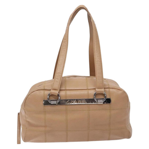 CHANEL Choco Bar Handtasche Caviar Leder Beige Silberfarbene CC Auth 133063