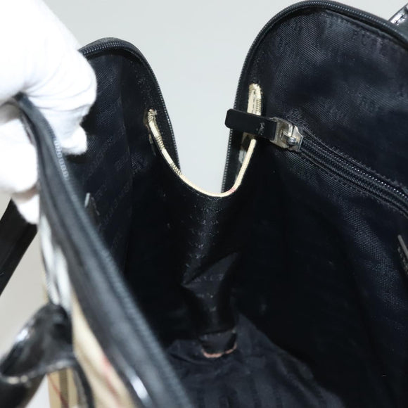 BURBERRY Nova Check Hand Bag PVC 2way Beige Silver Auth 133082