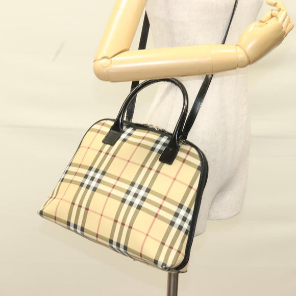 BURBERRY Nova Check Hand Bag PVC 2way Beige Silver Auth 133082