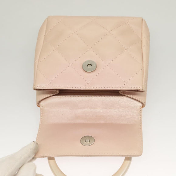 CHANEL Matelasse Hand Bag Leather Beige Silver CC Auth 133091