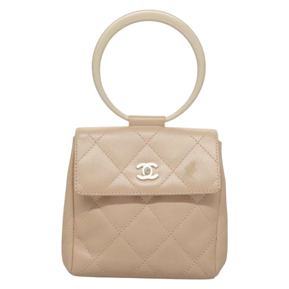 CHANEL Matelasse Hand Bag Leather Beige Silver CC Auth 133091