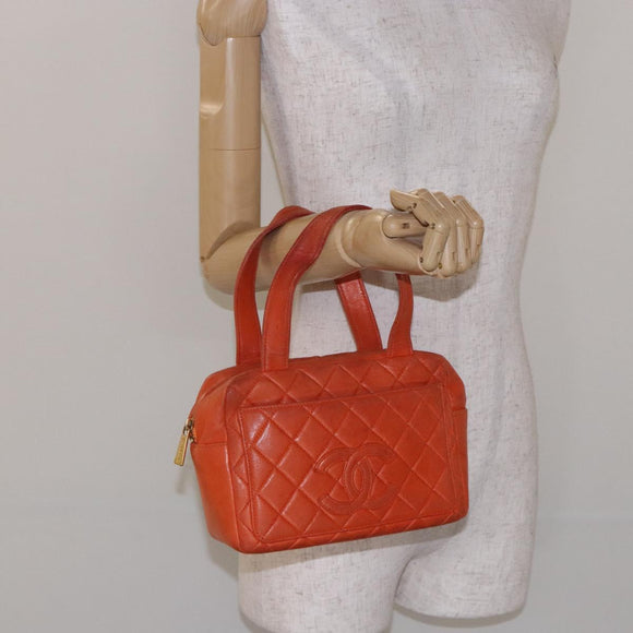 CHANEL Matelasse Hand Bag Lamb Skin Orange Gold CC Auth 133092