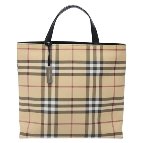 BURBERRY Nova Check Hand Bag PVC Beige Silver Auth 133131