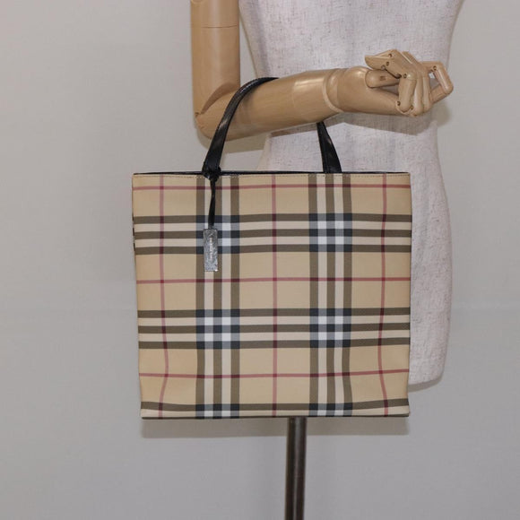 BURBERRY Nova Check Hand Bag PVC Beige Silver Auth 133131