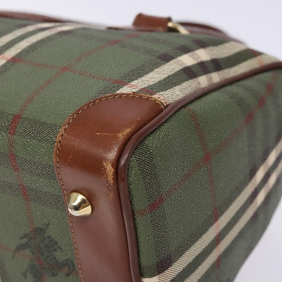 Burberrys Nova Check Hand Bag PVC Leather Green Gold Auth 133132