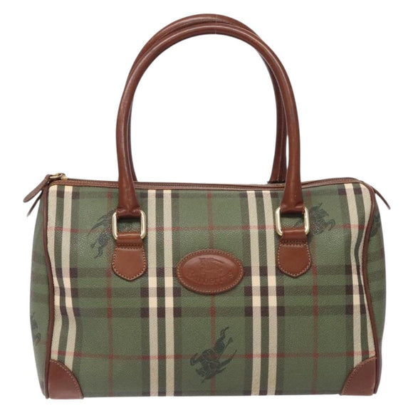 Burberrys Nova Check Hand Bag PVC Leather Green Gold Auth 133132