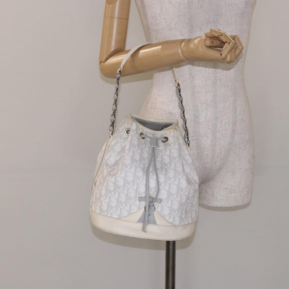 Christian Dior Trotter Canvas Romantic Shoulder Bag PVC White Silver Auth 133156