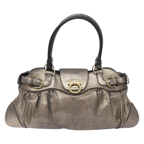 Salvatore Ferragamo Gancini Hand Bag Leather Silver Gold Auth 133160