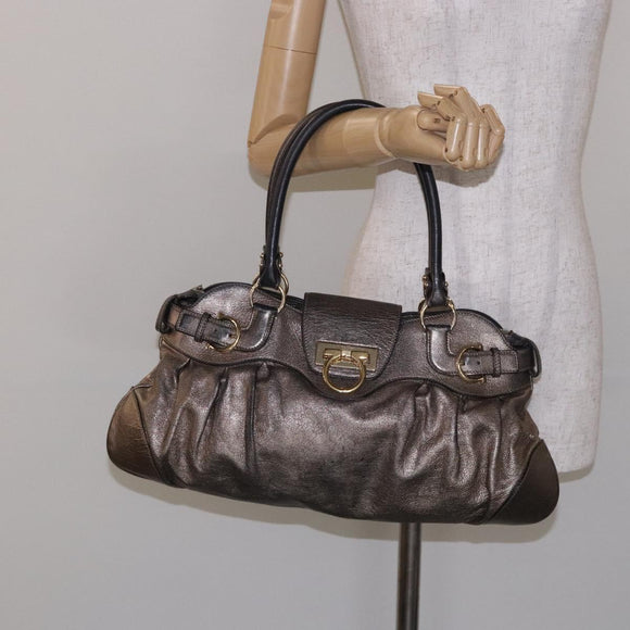 Salvatore Ferragamo Gancini Hand Bag Leather Silver Gold Auth 133160