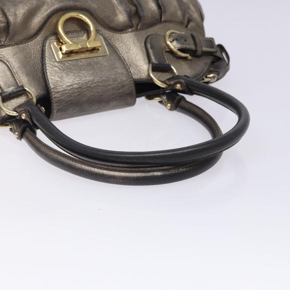 Salvatore Ferragamo Gancini Hand Bag Leather Silver Gold Auth 133160